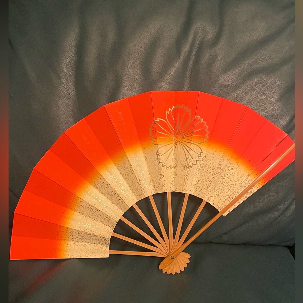 Vintage Japanese Odori Dance Hand Held SENSU Folding Fan red gold foil art deco